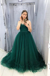 A Line Spaghetti Straps Sweetheart Sleeveless Long Green Tulle Prom Dress Evening Gown GRD007
