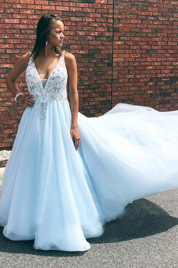 A Line V-neck Open Back Criss-Cross Straps Prom Dresses Sleeveless Long Tulle Embroidery Prom Dress GRD012