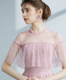 Pink tulle lace short prom dress pink lace cocktail dress