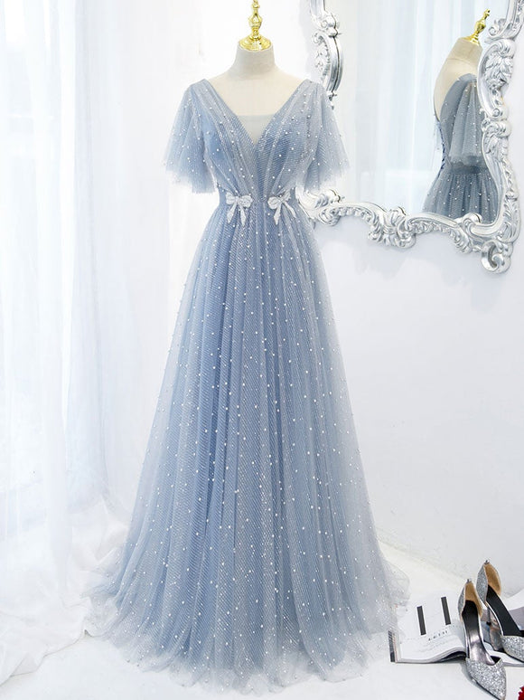 Blue v neck tulle beads long prom dress, blue tulle formal dress SDE008