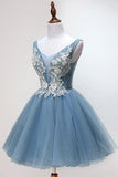 Blue tulle lace short prom dress, blue tulle lace homecoming dress JKG011