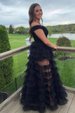 Black Deep Off-the-Shoulder A-line Multi-Layer Long Prom Dress with Slit