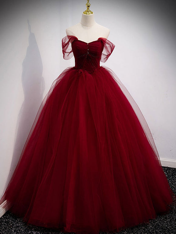 Burgundy sweetheart tulle long prom dress, burgundy evening dress FD007