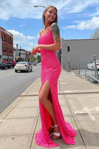 Neon Pink Sequin Mermaid Long Formal Dress EWQ018