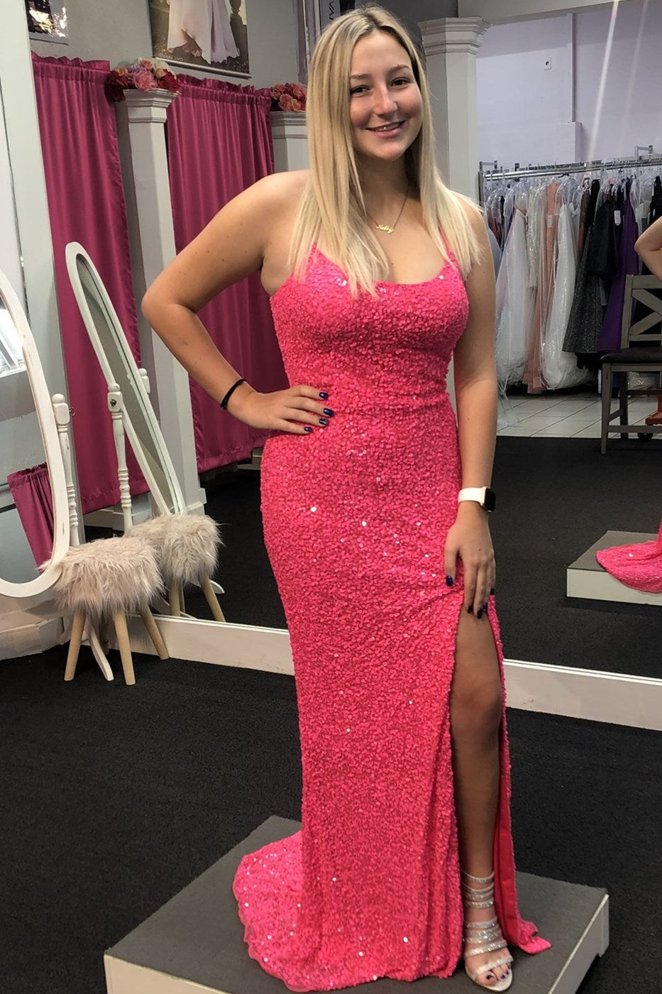 Neon Pink Sequin Mermaid Long Formal Dress EWQ018 SELINADRESS Neon Pink Sequin Mermaid Long Formal Dress EWQ018 SELINADRESS