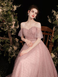 Pink sweetheart tulle tea length prom dress, pink formal dress