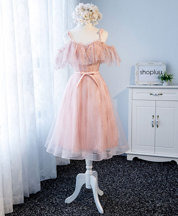 Pink sweetheart tulle lace short prom dress, pink homecoming dress