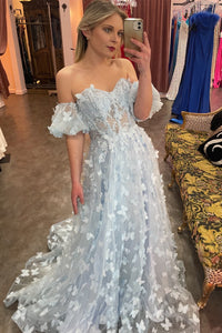 Light Blue Off-the-Shoulder A-line Butterfly Tulle Long Prom Dress