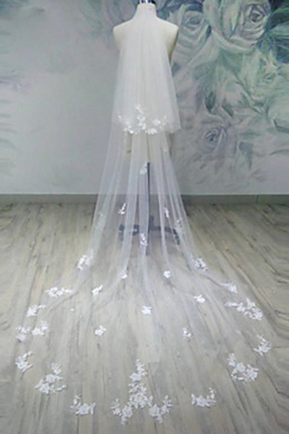 Two-tier Cut Edge Wedding Veil Tulle Applique Chapel Veils  V18