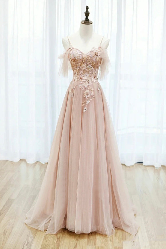 Pink tulle lace long prom dress pink evening dress TR0726