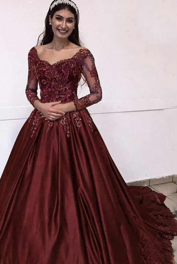 Burgundy Prom Dress Long Sleeve Lace Appliques Formal Dresses,Prom Dress FD002
