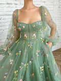 Elegant green long sleeves tulle tea length prom dress, green evening dress