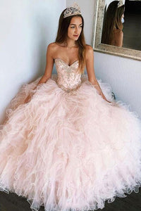 A Line Sweetheart Pink Tulle Beaded Layered Long Sweet Prom Dress Prom Gown GRD011