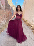 Burgundy tulle A line long prom dress, burgundy evening dress FD009