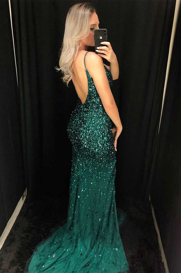 Dark Green Sequin V-Neck Backless Mermaid Prom Dress EWQ012