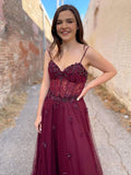 Burgundy tulle A line long prom dress, burgundy evening dress FD009