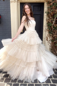 Ivory Strapless A-line Multi-Layers Tulle Long Prom Dress with Slit DR1600