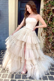 Ivory Strapless A-line Multi-Layers Tulle Long Prom Dress with Slit DR1600