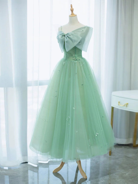 Simple Green tulle tea length prom dress, green tulle formal dress
