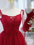 Cute burgundy tulle lace short prom dress, lace short evening dress
