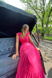Fuchsia Ruffle Shoulder Plunging V Neck A-line Lace-Up Long Prom Dress