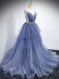 Blue v neck tulle sequin long prom dress, blue evening dress SDE010