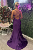 Grape Mermaid Straps Beaded Satin Long Prom Dress with Slit