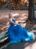 Blue one shoulder tulle lace long prom dress, blue tulle formal dress SDE002