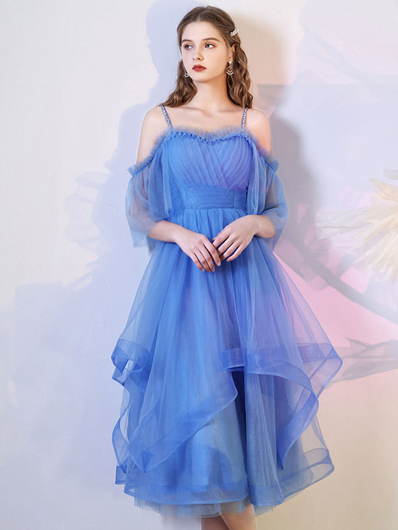 Simple blue tulle short prom dress, blue homecoming dress