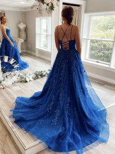 Blue Spaghetti Straps tulle lace long prom dress, blue lace evening dress SDE005|Selinadress
