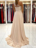 Champagne chiffon lace one shoulder long prom dress, lace evening dress FD018