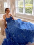 Blue Spaghetti Straps tulle lace long prom dress, blue lace evening dress SDE005|Selinadress