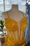 Yellow Beaded Mermaid Satin Deep V Neck Long Prom Dress with Slit DR1552