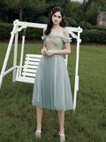 Gray green tulle lace short prom dress, gray tulle bridesmaid dress