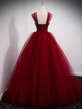Burgundy sweetheart tulle long prom dress, burgundy evening dress FD007
