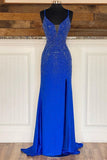 Royal Blue Beaded V-Neck Mermaid Long Prom Dress EWQ020