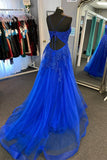 Royal Blue Appliques Deep V Neck Lace-Up A-line Tulle Long Prom Dress DR16292