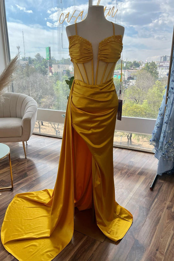 Yellow Beaded Mermaid Satin Deep V Neck Long Prom Dress with Slit DR1552