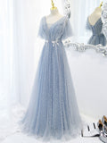 Blue v neck tulle beads long prom dress, blue tulle formal dress SDE008