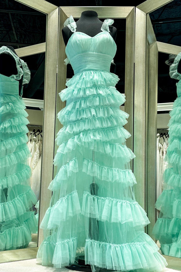 Mint Green Ruffle Straps A-line Multi-Layers Long Prom Dress DR1595