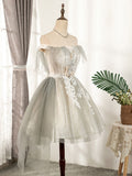 Cute gray tulle lace short prom dress, gray tulle homecoming dress