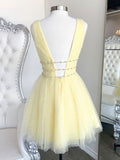 Cute yellow v neck tulle beads short prom dress yellow homecoming dress