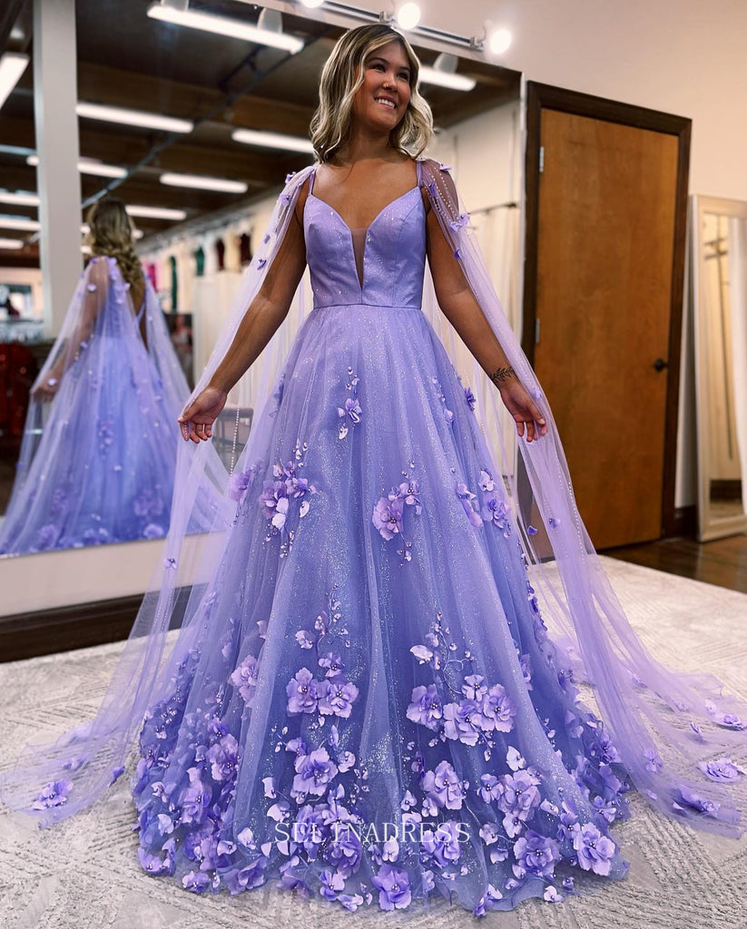 3D Floral Beaded Long Prom Dress Shawl Formal Dresses Lavender Evening –  SELINADRESS