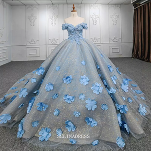 3D Floral Off Shoulder Sky Blue Ball Gown Beaded Princess Dress Pageant Dress DY9939
