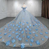 3D Floral Off Shoulder Sky Blue Ball Gown Beaded Princess Dress Pageant Dress DY9939