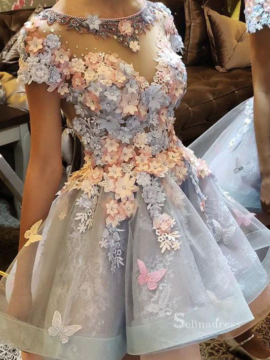 3D Flower A-line Scoop Short Sleeve Short Homecoming Dress Prom Dress RYU047|Selinadress