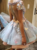 3D Flower A-line Scoop Short Sleeve Short Homecoming Dress Prom Dress RYU047|Selinadress