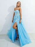 Blue sweetheart neck tulle lace long prom dress, blue evening dress SDE006