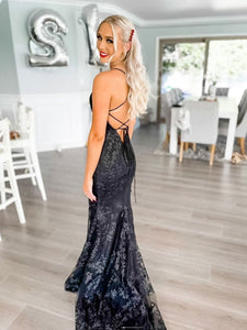 Black lace mermaid long prom dress, black lace evening dress MLSD008