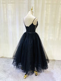 Simple  Black tulle tea length prom dress, black evening dress